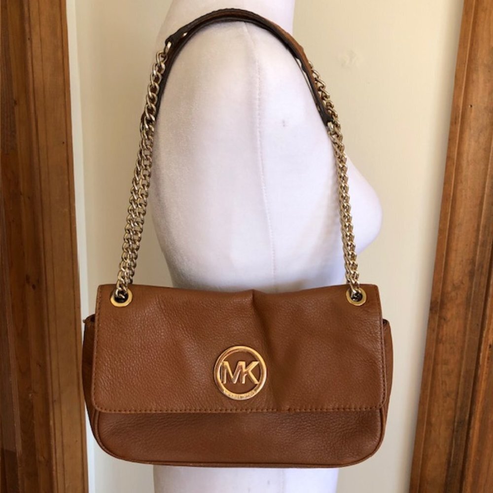 MICHAEL KORS Fulton Small Brown Gold Chain Shoulder Flap Bag